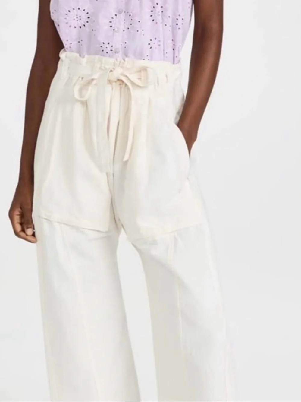 Free People Cream Paperbag Waist Wide-Leg Pants